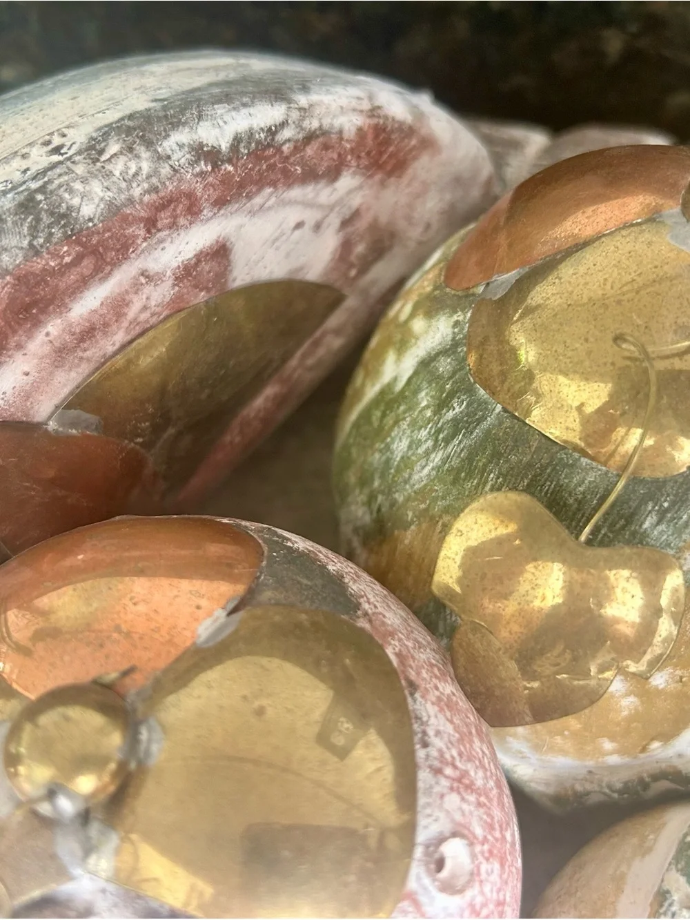 Vintage Handmade Terracotta Rope Bowl & Mixed Media Brass Fruit Set - 7 Pc